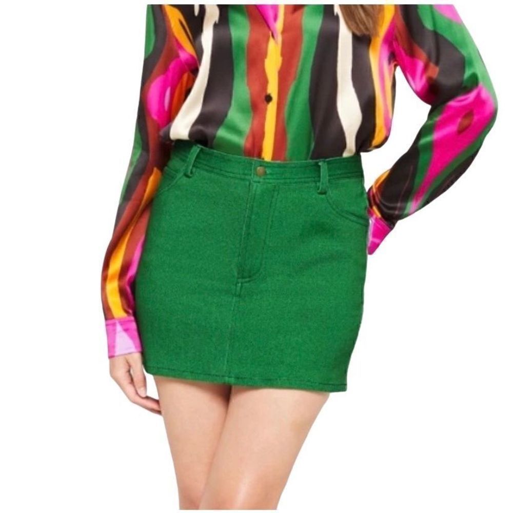 Megan Renee Rio, kelly green denim zip fly mini skirt, size 33/16